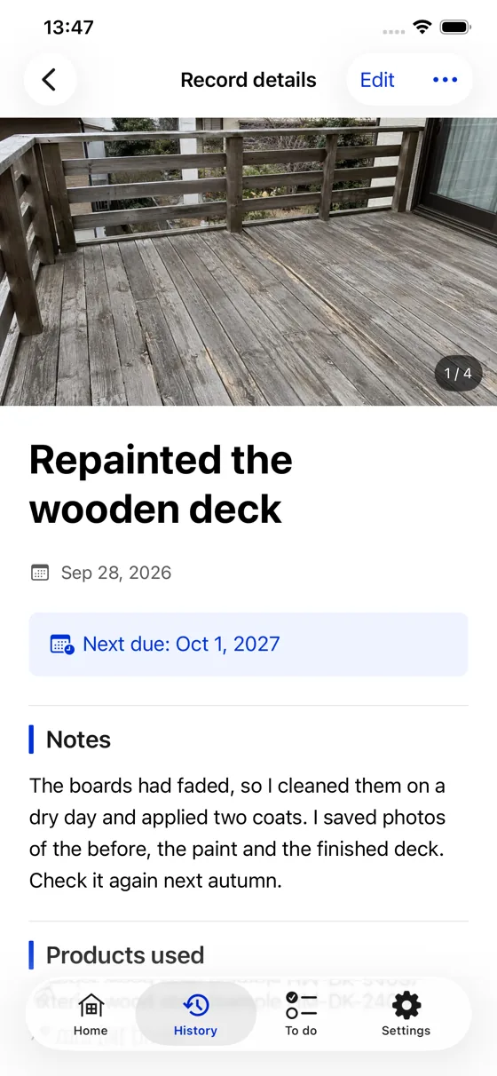 Actual HomeMemo record screen with sample deck painting details