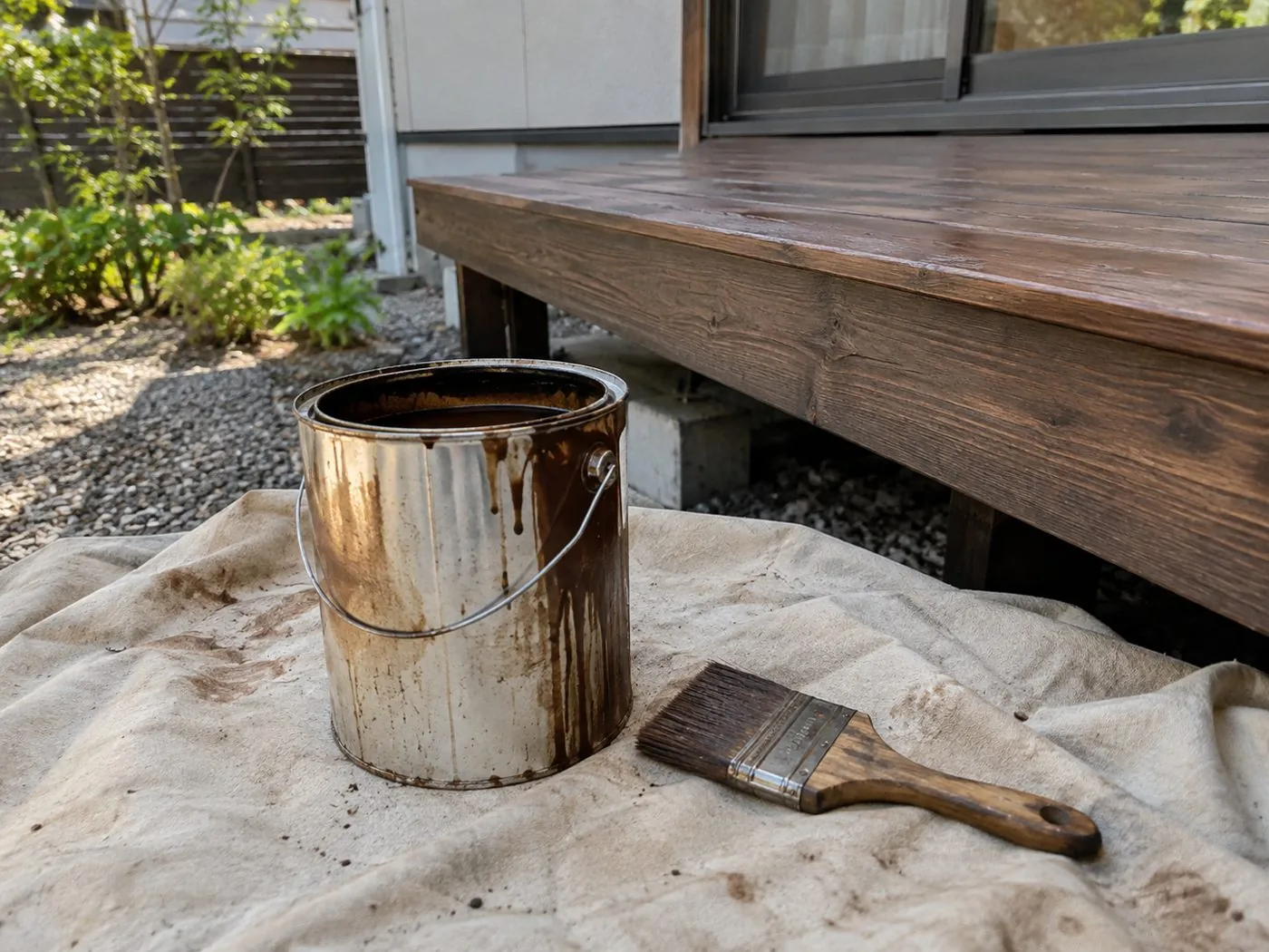 Paint can and brush beside a wooden deck
